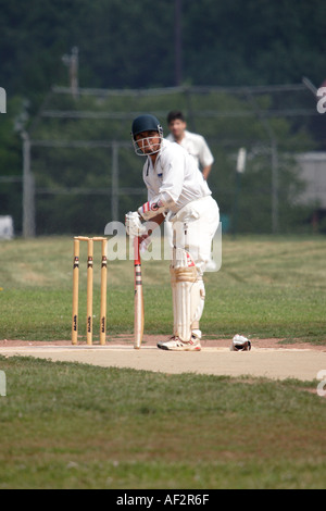 Batsmen waiting for pitch in Cricket Game played in New Jersey USA by players from India Pakistan Australia West Indies Stock Photo