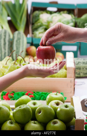 RED APPLE AND TWO HANDS WITH FRUIT AND VEGETABLES IN BACKGROUND UK Stock Photo