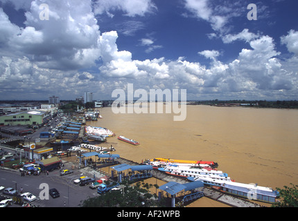 Sibu Sarawak Rejang River waterfront scene showing express boats docks and panorama of town Stock Photo