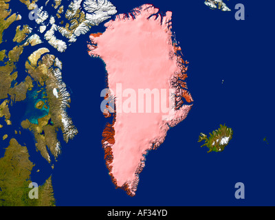 Satellite Image Of Greenland Highlighted Red Stock Photo