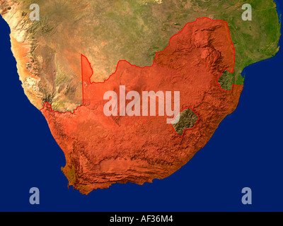 Satellite Image Of Republic Of South Africa Highlighted Red Stock Photo