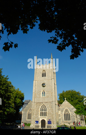 Distant view of Reading Minster Church of St Mary the Virgin showing clock tower Reading Berkshire England Stock Photo