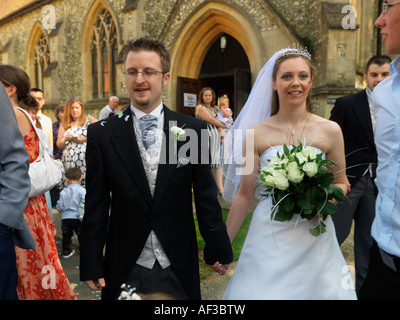 Bride and Groom Leving Church after the Wedding Stock Photo
