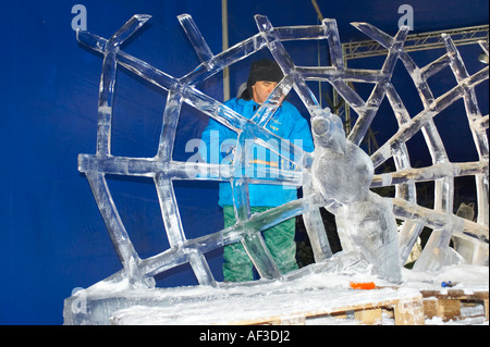 Ice sculptures carving. During the work Stock Photo