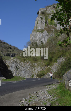Cheddar Gorge Britains largest gorge with sightseeing walkers  Cheddar England Stock Photo