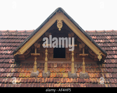 Carved temple roof of  Dharmashastra Temple, Tagari, Kerala, India Stock Photo