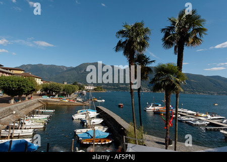 Switzerland Ticino Ascona Lago Maggiore little harbour for motor boats Stock Photo