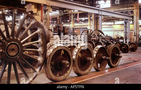 Heavy engineering workshop with railway wheels awaiting repair Stock Photo