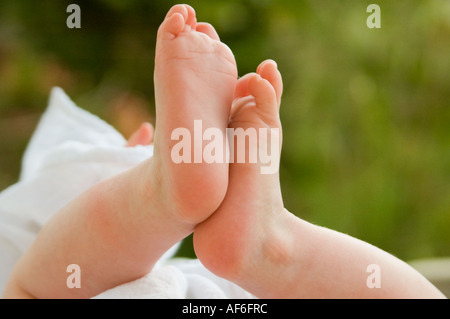 Horizontal close up of a caucasian baby's tiny pink feet. Stock Photo