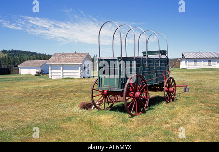 An old wagon at the headquarters of the U Bar Ranch a national historic site near Calgary, Alberta. Stock Photo