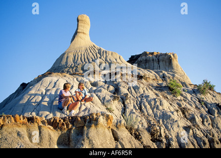 A view of the rugged and eroded desert landscape of Dinosaur Provincial Park, Alberta, Canada. Stock Photo