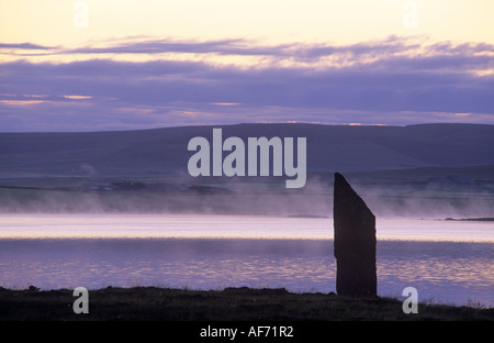 Standing stone beside Loch of Harray, Orkney Islands. Stock Photo