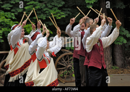 Traditional Latvian folk dancing, performed at the Lativan Open Air Ethnographic Museum (Latvijas etnografiskais brivdabas muzejs), near Riga, Latvia Stock Photo