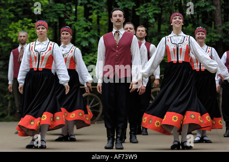 Traditional Latvian folk dancing, performed at the Lativan Open Air Ethnographic Museum (Latvijas etnografiskais brivdabas muzejs), near Riga, Latvia Stock Photo
