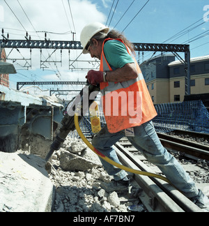 Outdoor closeup of male railway construction worker using pneumatic drill. Stock Photo