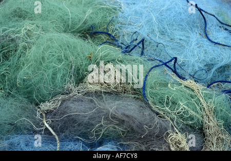 Nylon monofilament fishing net in a box on the beach, Kent, UK