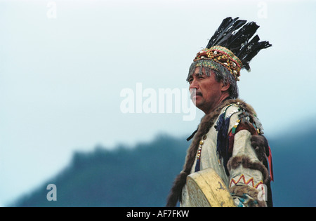 Shaman is performing ritual ceremony (kamlanie). El-Oiyn national festival of Altaic people. The Altai Republic. Russia Stock Photo