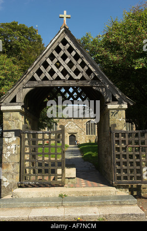 Traditional lych gate and Parish Church of St James Kilkhampton Cornwall England Stock Photo