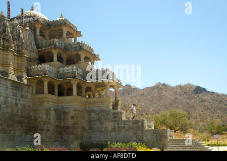 Horizontal exterior view of the main entrance of the Adinath Jain Temple at Ranakpur against a blue sky Stock Photo