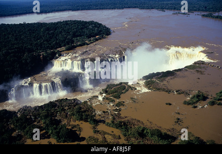Classic aerial view over main Iguassu waterfalls Iguacu River and rainforest scenery at the border of Brazil and Argentina Stock Photo