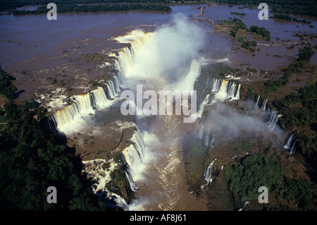 Classic aerial view over main Iguassu waterfalls Iguacu River and rainforest scenery at the border of Brazil and Argentina Stock Photo