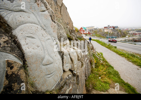 Sculptures at Qaqortoq (former Julianehab), by local artist Aka Hoegh, South Greenland. Stock Photo