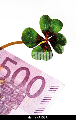 Four-leafed clover on 500 Euro banknote, close-up Stock Photo