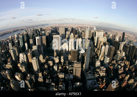 fisheye view north towards central park from observation deck 86th floor near the top of the empire state building Stock Photo