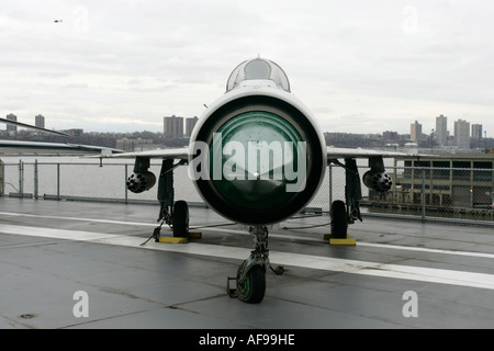 Polish air force Mig 21 PFM on display on the flight deck at the Intrepid Sea Air Space Museum new york city new york USA Stock Photo