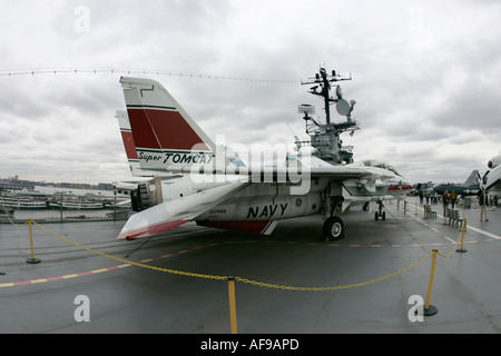 fisheye shot of Grumman F 14 on the flight deck of the USS Intrepid at the Intrepid Sea Air Space Museum Stock Photo