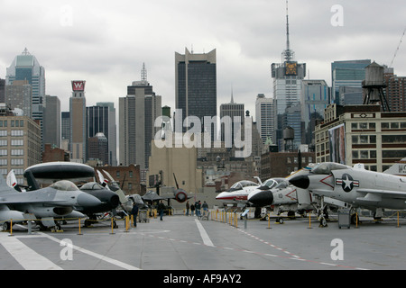 View of Manhattan from the flight deck of the USS Intrepid at the Intrepid Sea Air Space Museum new york city new york USA Stock Photo
