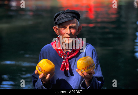 Netherlands Edam Cheese farmer showing Edammer cheeses Stock Photo