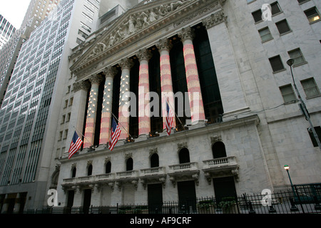 NYSE New York Stock Exhange in christmas holidays festive lights of american flag wall street new york city new york USA Stock Photo