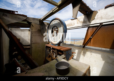 Interior of hut beside weighbridge at an abandoned quarry in North Wales showing the mechanism and face of the weighing machine Stock Photo