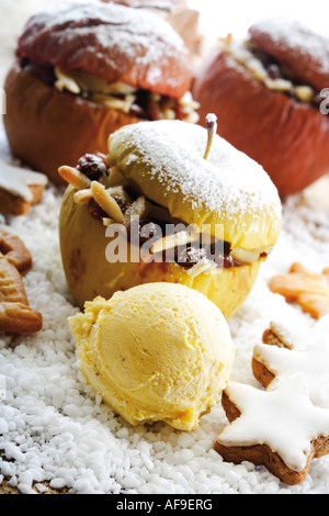 Baked apples with vanilla ice cream Stock Photo