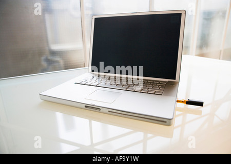 Laptop with USB-stick, close-up Stock Photo