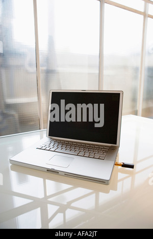 Laptop with USB-stick, close-up Stock Photo
