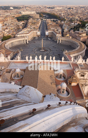 The spectacular view of St Peters Square and Rome from the dome of St Peters Basilica in the Vatican City. Stock Photo