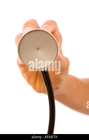 Female doctor's hand holding the chest piece of a stethoscope towards a patient. Isolated on white Stock Photo
