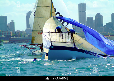 18 foot skiff sailing on sydney harbour australia Stock Photo