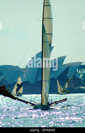 18 foot skiff sailing on sydney harbour australia Stock Photo