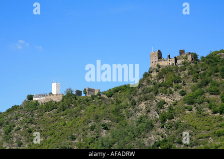 the castles Sterrenberg (left) and Liebenstein in the River Rhine Valley in Germany are known as The Warring Brothers Stock Photo