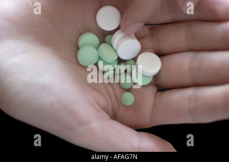 Still life with pharmaceutics drugs of different colors and setup Stock Photo