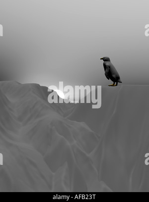 3d rendered image of a penguin isolated on an iceberg trying to decide whether to jump to the next ridge Stock Photo