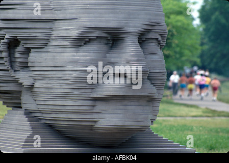 Massachusetts,New England,Boston,Beantown,Esplanade Arthur Fiedler statue,public art artwork,memorial,public art artwork,likeness,Boston Symphony cond Stock Photo