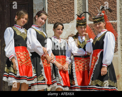 Five young girls in traditional Ukrainian costumes in Plotzk / Ukraine Stock Photo