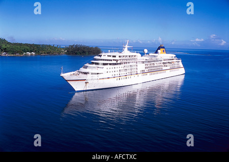 Cruiser ship MS Europa, Aerial view, Cook´s Bay, Moorea, French Polynesia Stock Photo