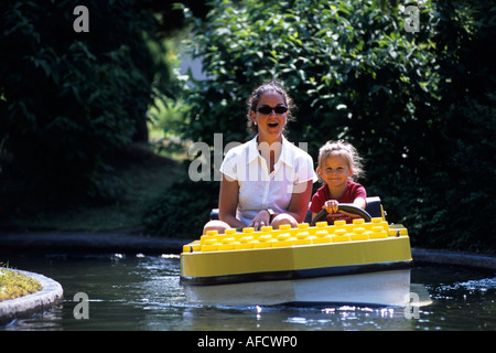 Mother and Child in a Lego Boat, Legoland, Billund, Central Jutland, Denmark Stock Photo
