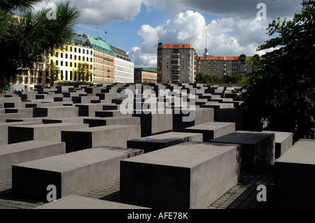 Jewish  Holocaust Memoria  abstract view of the rectangular grey  stones monument Eberstrasse designed by architect Peter Eisenman Berlin Germany Stock Photo