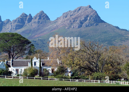 The Helderberg Mountain and the Avontour Cape style home. Stellenbosch western Cape South Africa RSA Stock Photo